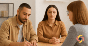 Here's the descriptive content for this image: Alt Text: "Family lawyer in grey suit meeting with couple in beige clothing at table in bright office, with Resolve Conflict logo visible, depicting a positive professional mediation consultation