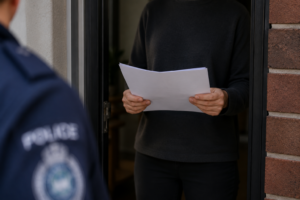 Police officer serving legal documents to a person at their front door relating to an Intervention Order.