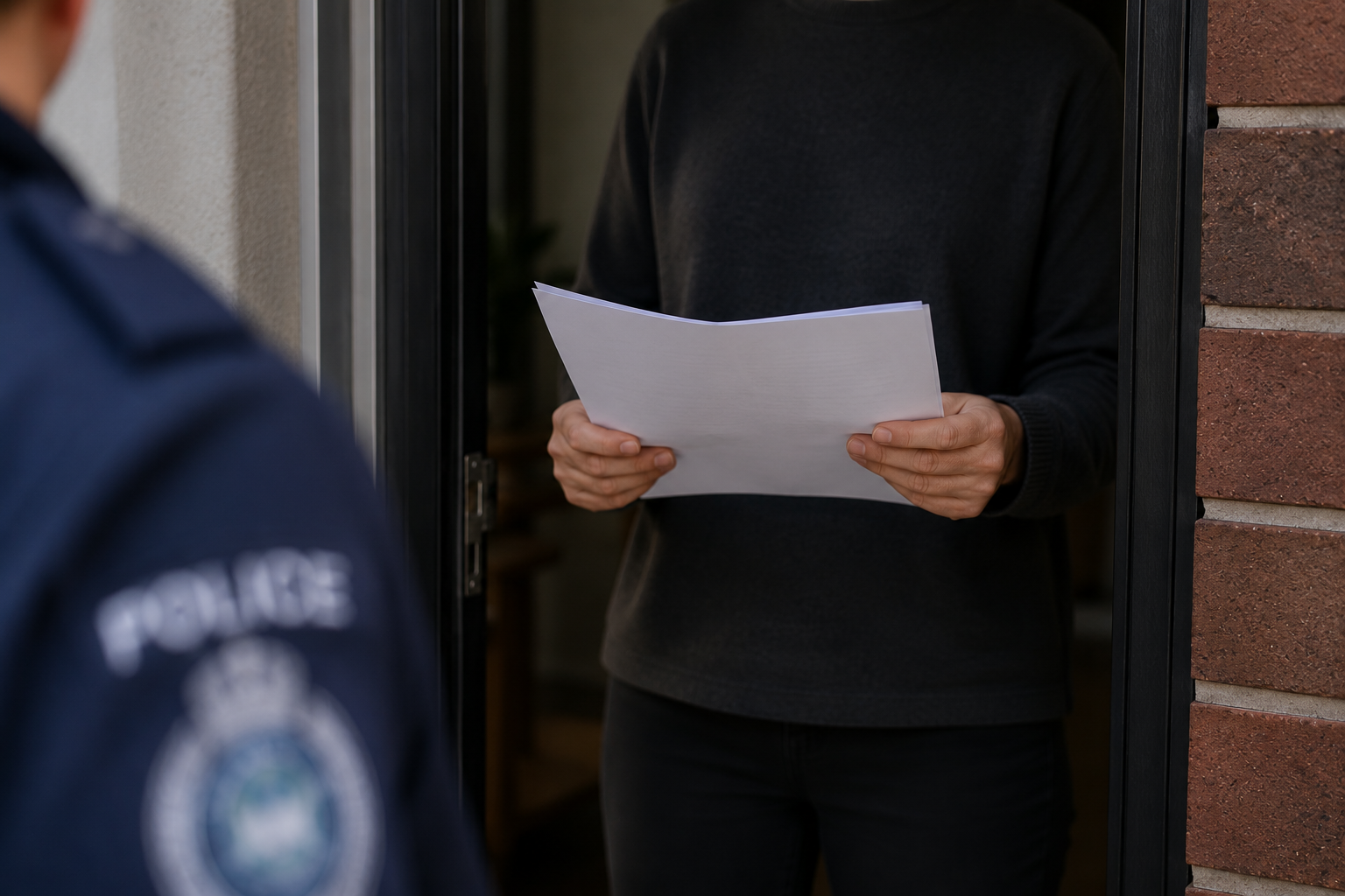 Police officer serving legal documents to a person at their front door relating to an Intervention Order.