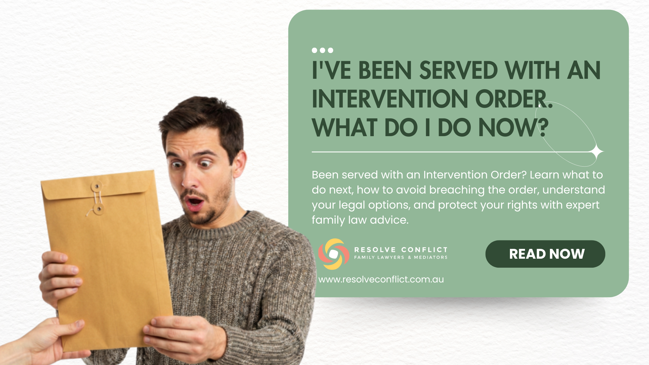 Person looking shocked after being served with an Intervention Order and seeking family law advice about what to do next.